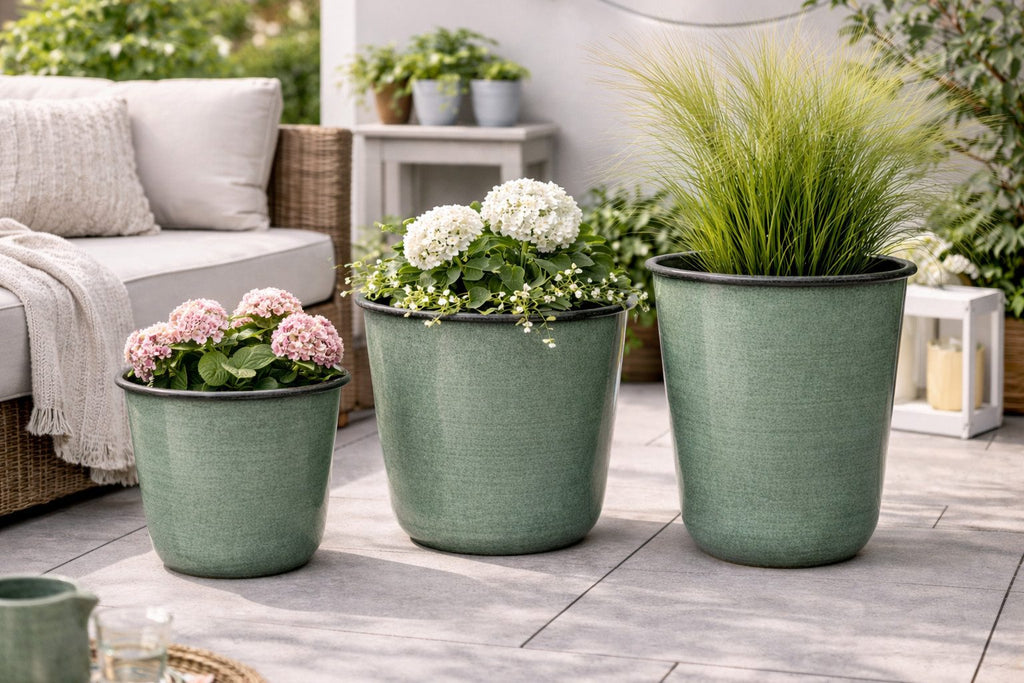 Kübel Metall Pflanzgefäß grün Pflanztopf Ø26+28+32cm Blumenkübel Pflanzschale Blumentopf Garten 3Größen wählbar