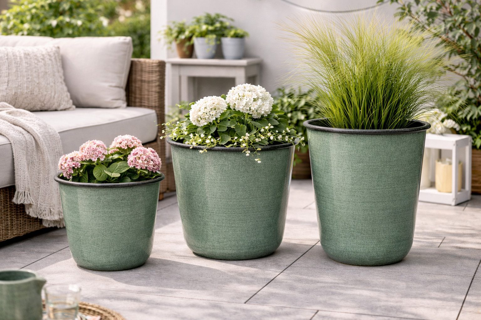 Kübel Metall Pflanzgefäß grün Pflanztopf Ø26+28+32cm Blumenkübel Pflanzschale Blumentopf Garten 3Größen wählbar