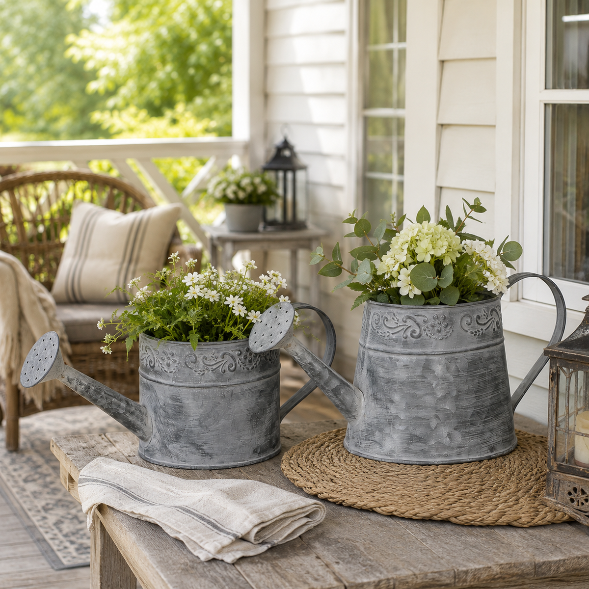 Gießkanne Metall grau 2erSet Kanne Landhaus Garten H12,5+15cm Gartendeko Deko