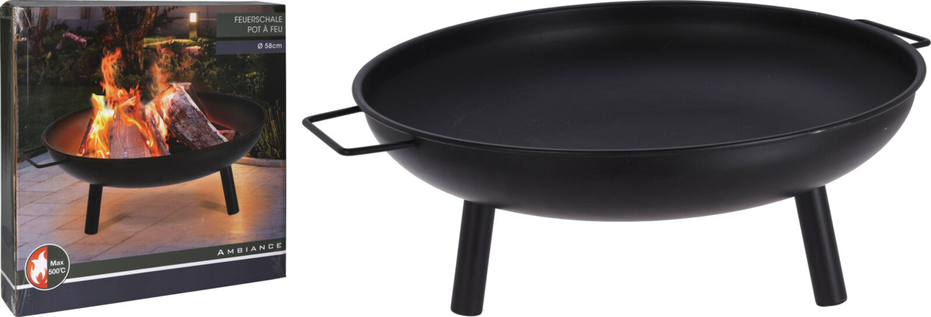 Feuerschale Griff 3 Standfüße Stahl Lagerfeuer Feuerstelle Holzfeuerschale Ø 58cm schwarz