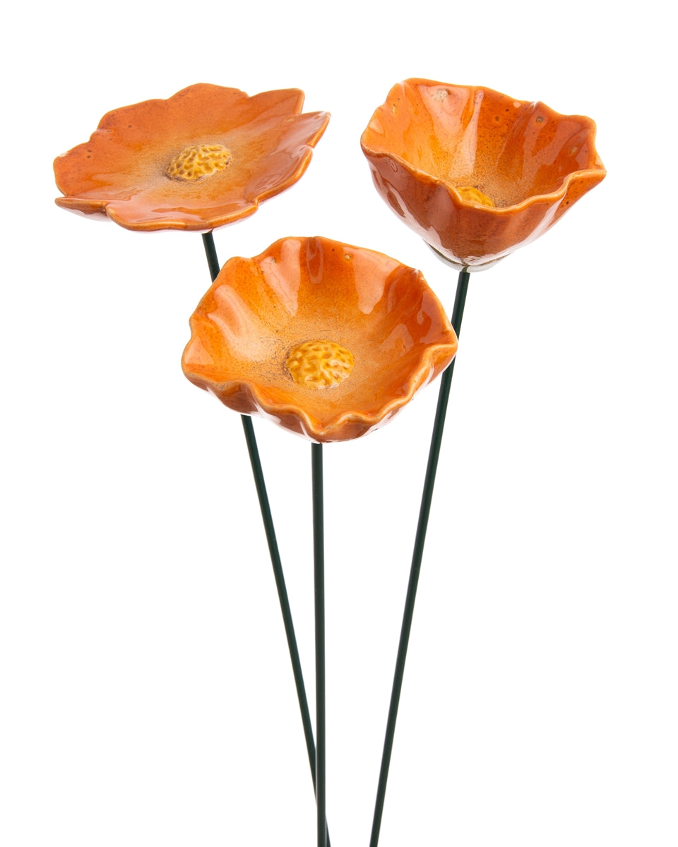 Blüte Mohnblume Gartenstecker Insektentränke Ø8/8,5/10cm Stab 48cm Keramik orange 3fach sort. Stecker Blütenstecker Garten