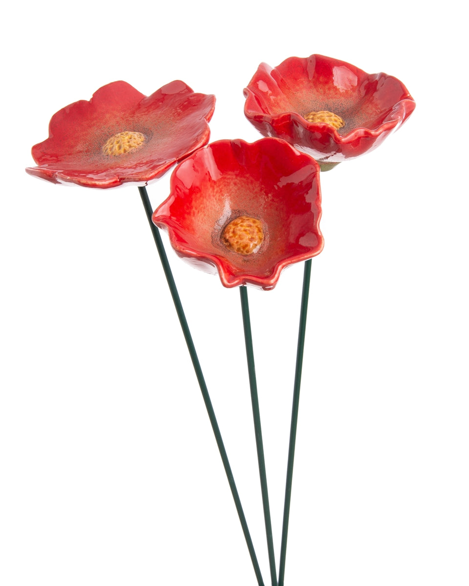 Blüte Mohnblume Gartenstecker Insektentränke Ø8/8,5/10cm Stab 48cm Keramik rot 3fach sort. Stecker Blütenstecker Garten