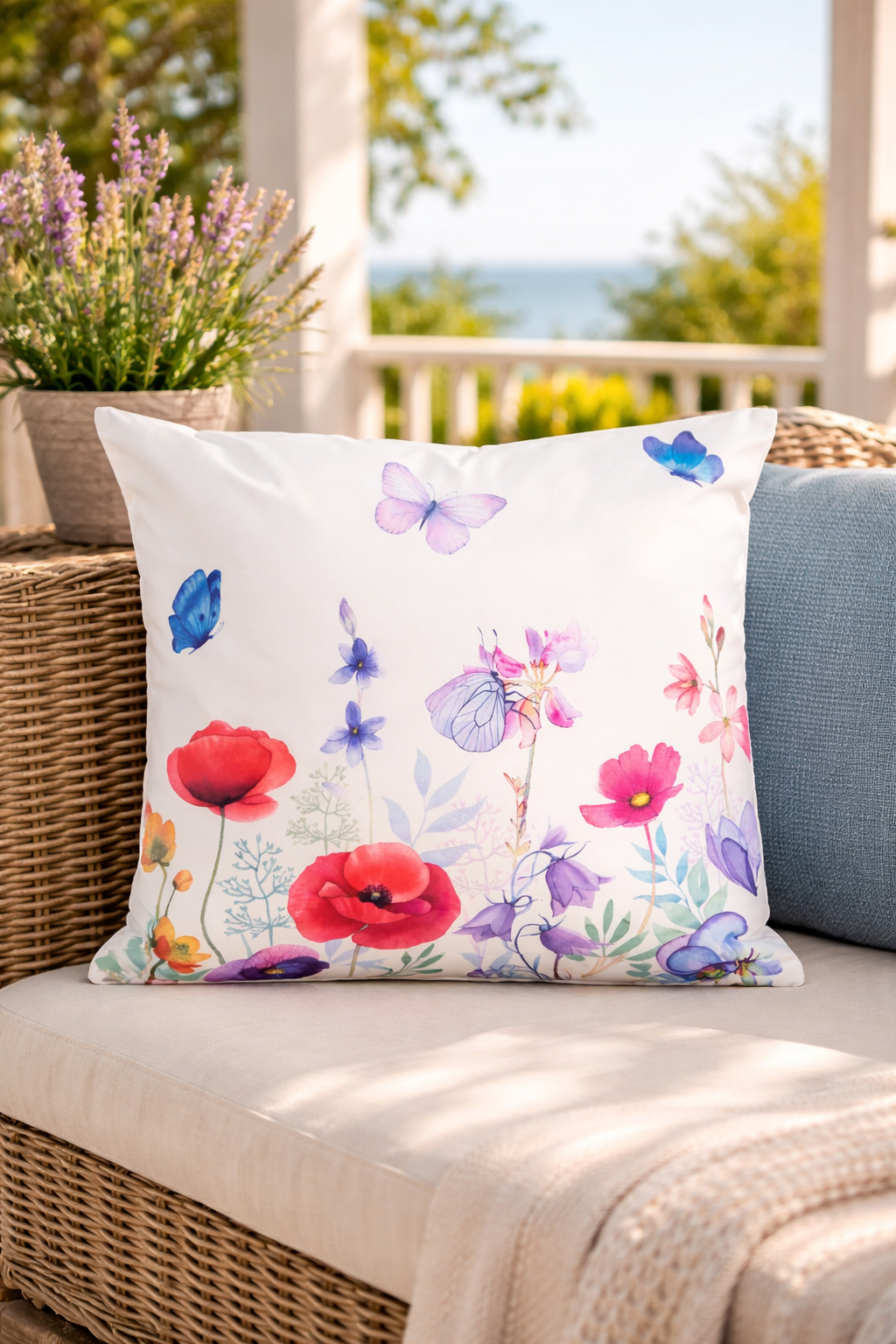 Outdoor Kissen 60x60cm Feldblumen Gartenkissen mit Reißverschluss, wasser- und schmutzabweisend, Bezug abnehmbar, dekoratives Zierkissen für Garten, Balkon & Terrasse, weiß/bunt