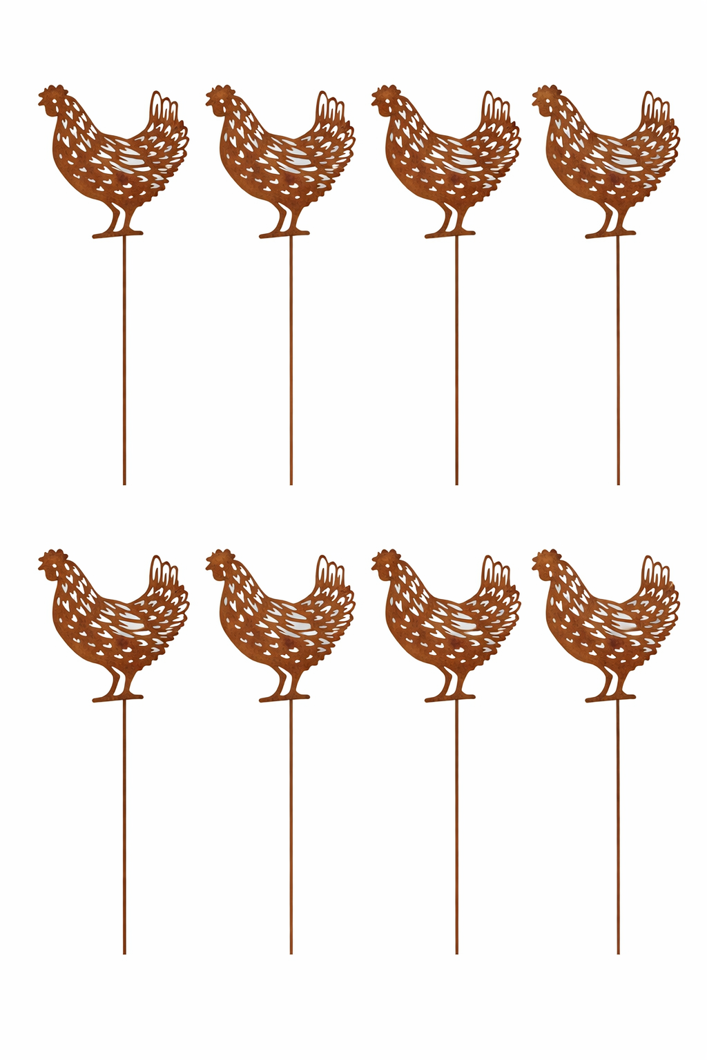 Metall-Huhn Rostoptik (8Stck.) – B 12,5 cm x H 12 cm – Stab 30 cm – Gartendeko & Osterdeko – Dekorativer Gartenstecker