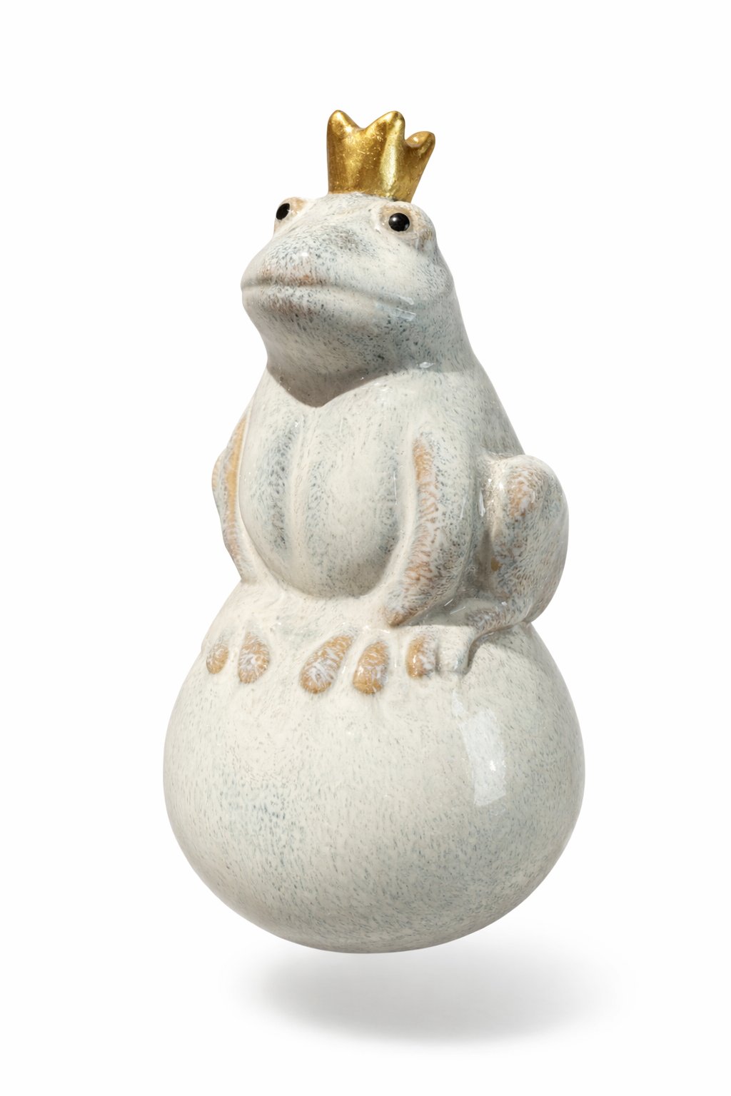 Frosch Keramik auf Kugel creme mit goldener Krone 7,5cm H13,5cm Dekofigur für Garten Balkon & Teich Gartenfigur 2erSet Gartendeko Froschkönig