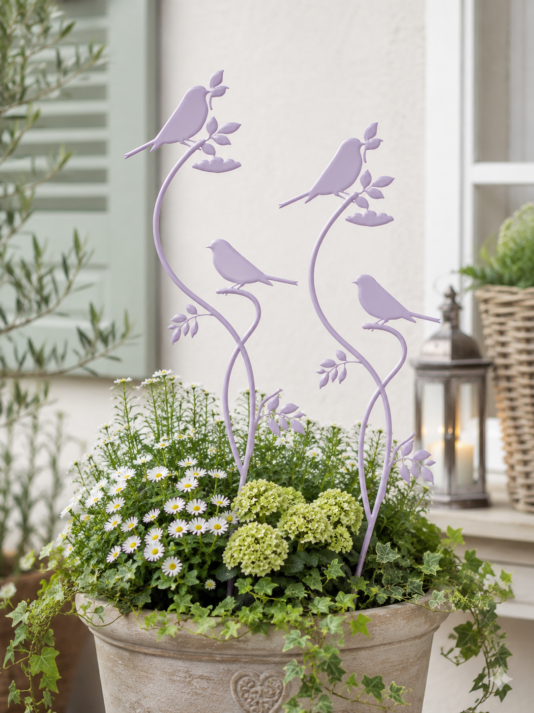 Gartenstecker Vogel 2er Set aus Metall violett Design Gartendeko am Stab Dekorativer Vogelstecker für Garten, Balkon und Blumentopf B18cm H80 cm