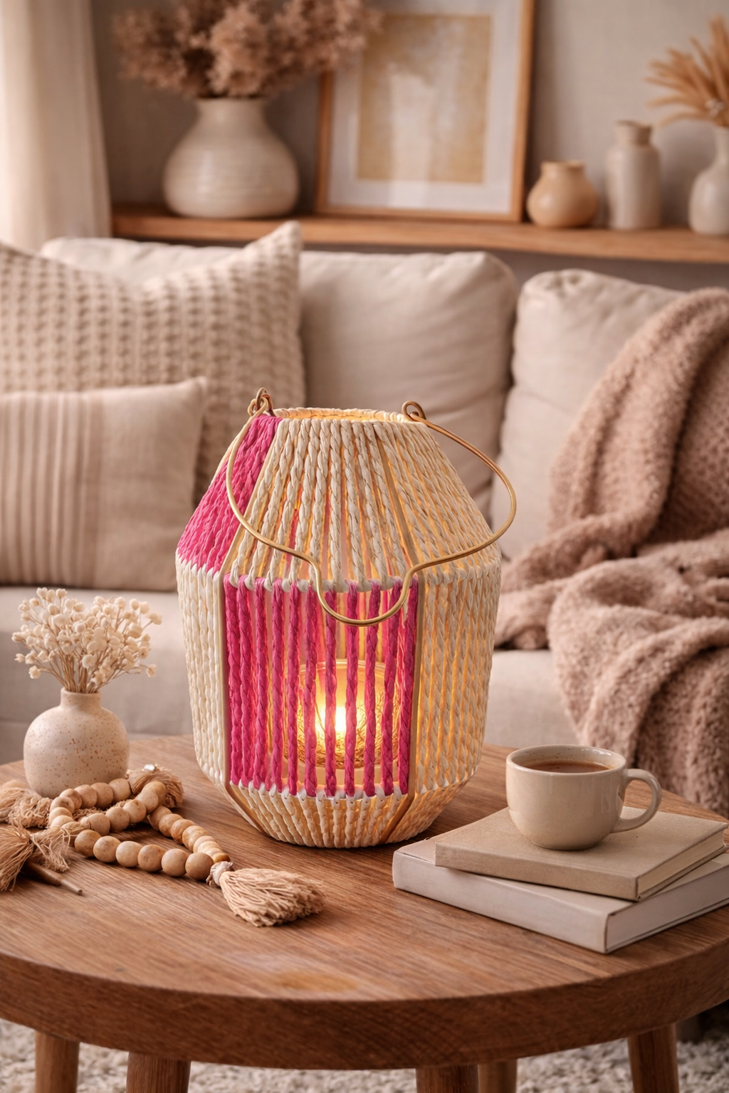 Laterne mit Glas Einsatz natur/pink H25cm Glas Ø7,5cm H8cm Dekorative Gartenlaterne Tischlaterne für Kerzen Wohn- & Gartendeko