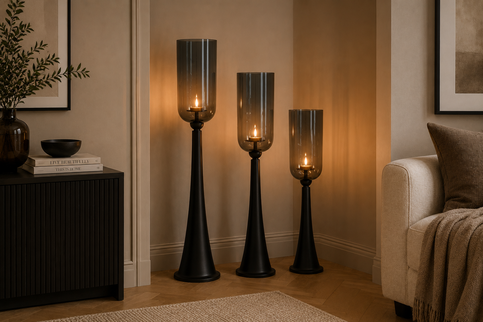 Kerzenständer Säule schwarz mit Glas Hurricane – Windlicht aus Metall & Glas – H78 / H93 / H110 cm – Eleganter Boden-Kerzenhalter für Wohnzimmer, Flur & Eventdekoration 3Größen wählbar