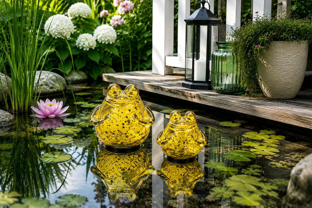 Glasfrosch schwimmend Frosch 2er Set grün Dekorative Wasserdeko aus Glas 9x10cm & 12x13cm für Teich Wasserschale Brunnen Garten & Veranda