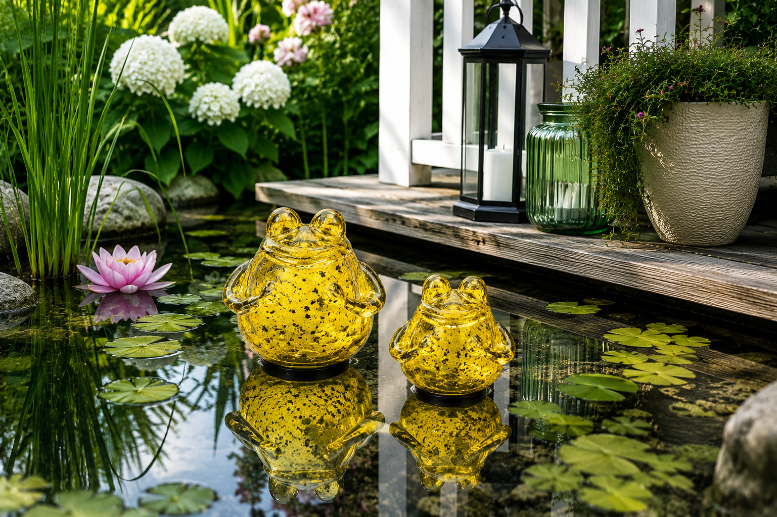 Glasfrosch schwimmend Frosch 2er Set grün Dekorative Wasserdeko aus Glas 9x10cm & 12x13cm für Teich Wasserschale Brunnen Garten & Veranda