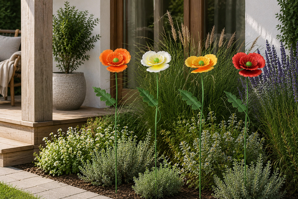 Gartenstecker Mohn L 77 cm – Mehrfarbige Metall-Gartendeko Dekorativer Blumenstecker für Garten, Beet, Pflanzkübel & Terrasse Wetterfest