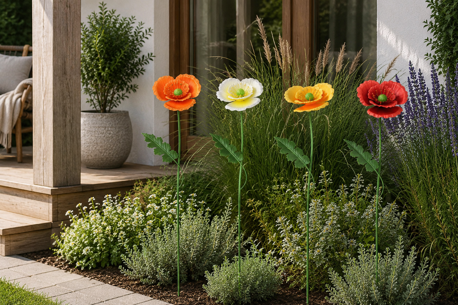 Gartenstecker Mohn L 77 cm – Mehrfarbige Metall-Gartendeko Dekorativer Blumenstecker für Garten, Beet, Pflanzkübel & Terrasse Wetterfest