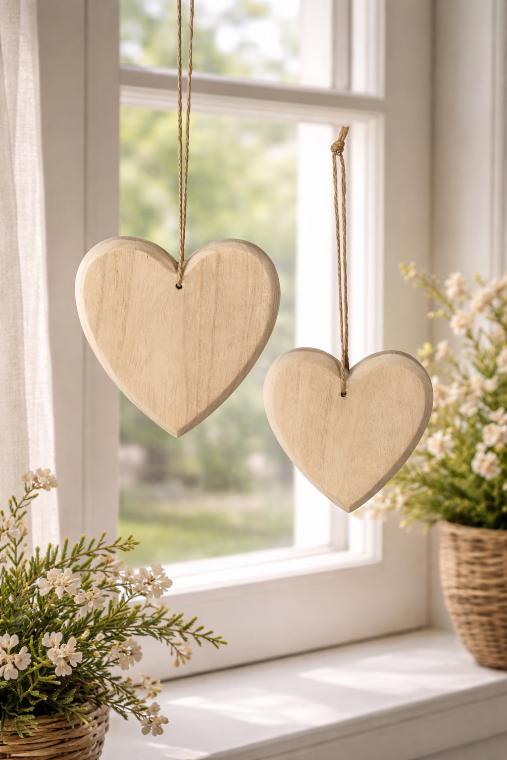 Holzherz Deko natur 2er Set H19 & H16 cm – Paulowniaholz mit Hänger Fensterhänger Herzanhänger im Landhausstil natürliche Wohn- & Geschenkdekoration