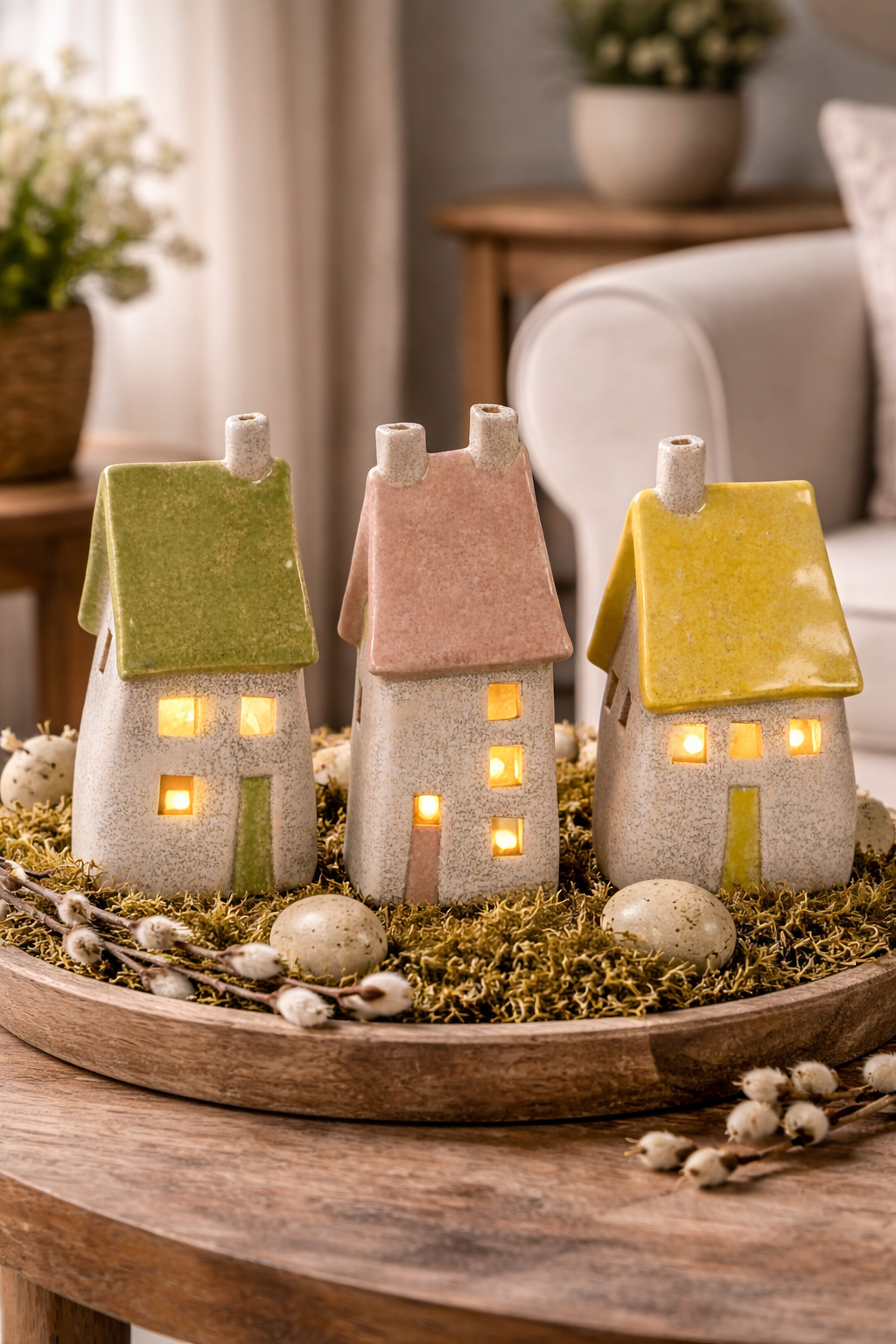 Deko Haus mit LED Steinzeug Haus 6,5x6cm H14cm 3-farbig sortiert Tisch- & Fensterdekoration für Wohnbereich & Saisondeko