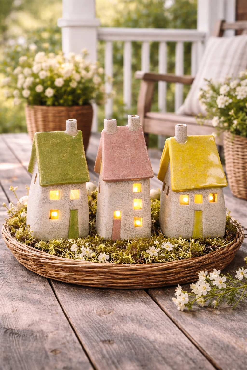 Deko Haus mit LED Steinzeug Haus 6,5x6cm H14cm 3-farbig sortiert Tisch- & Fensterdekoration für Wohnbereich & Saisondeko