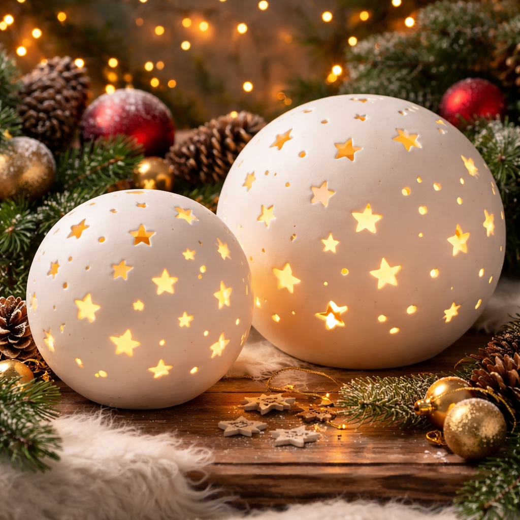 LED Porzellan Kugel creme Ø12,7cm+Ø15,6cm Stern mit Timer Weihnachten Tischdeko 2Größen wählbar
