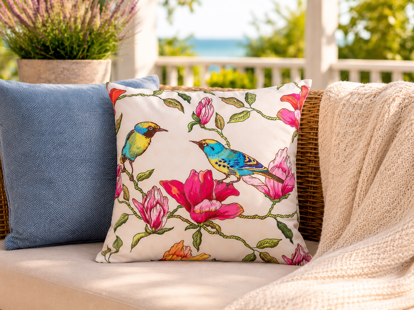 Outdoor Kissen 45x45cm Vögel Gartenkissen mit Reißverschluss, wasser- und schmutzabweisend, Bezug abnehmbar, dekoratives Zierkissen für Garten, Balkon & Terrasse, creme/bunt