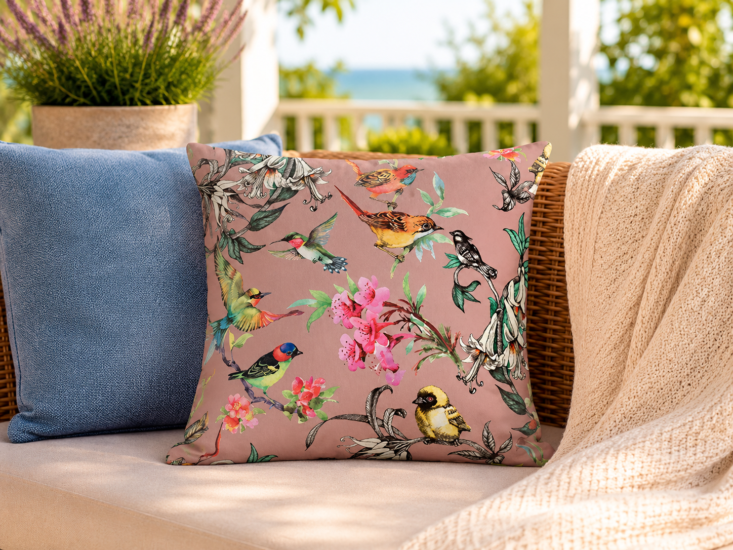 Outdoor Kissen 45x45cm Vögel Gartenkissen mit Reißverschluss, wasser- und schmutzabweisend, Bezug abnehmbar, dekoratives Zierkissen für Garten, Balkon & Terrasse, rosa/bunt