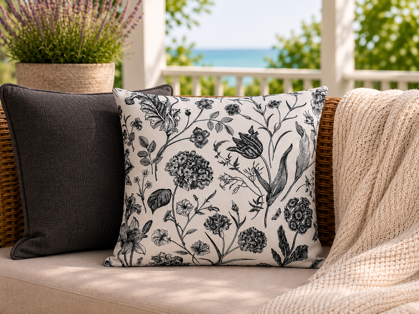Outdoor Kissen 45x45cm Blumen Gartenkissen mit Reißverschluss, wasser- und schmutzabweisend, Bezug abnehmbar, dekoratives Zierkissen für Garten, Balkon & Terrasse, creme/anthrazit