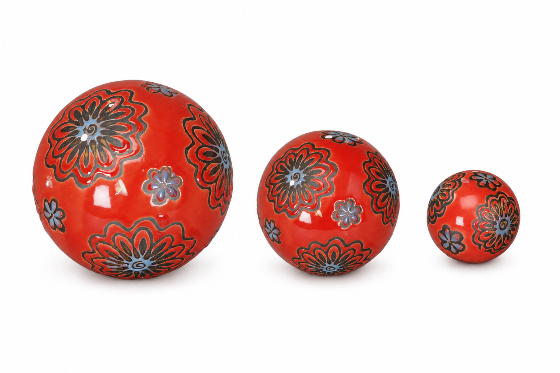 Schwimmkugel rot/blau Ø4cm/Ø6cm/Ø7,5cm Blüten Porzellan 3er Set Gartendekoration Schwimmende Deko Kugeln für Teich, Brunnen & Wasserschalen Elegante Garten Deko