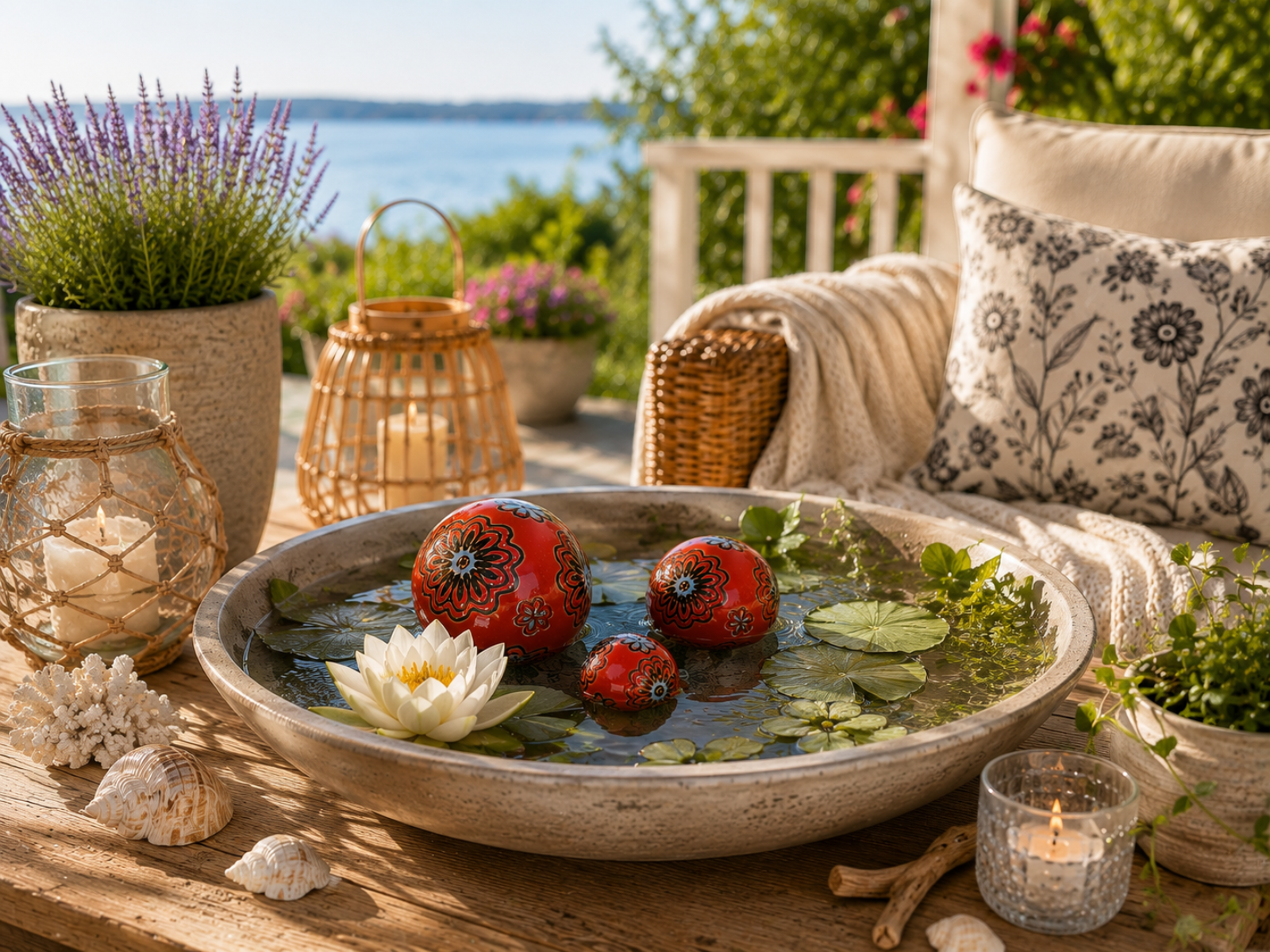 Schwimmkugel rot/blau Ø4cm/Ø6cm/Ø7,5cm Blüten Porzellan 3er Set Gartendekoration Schwimmende Deko Kugeln für Teich, Brunnen & Wasserschalen Elegante Garten Deko