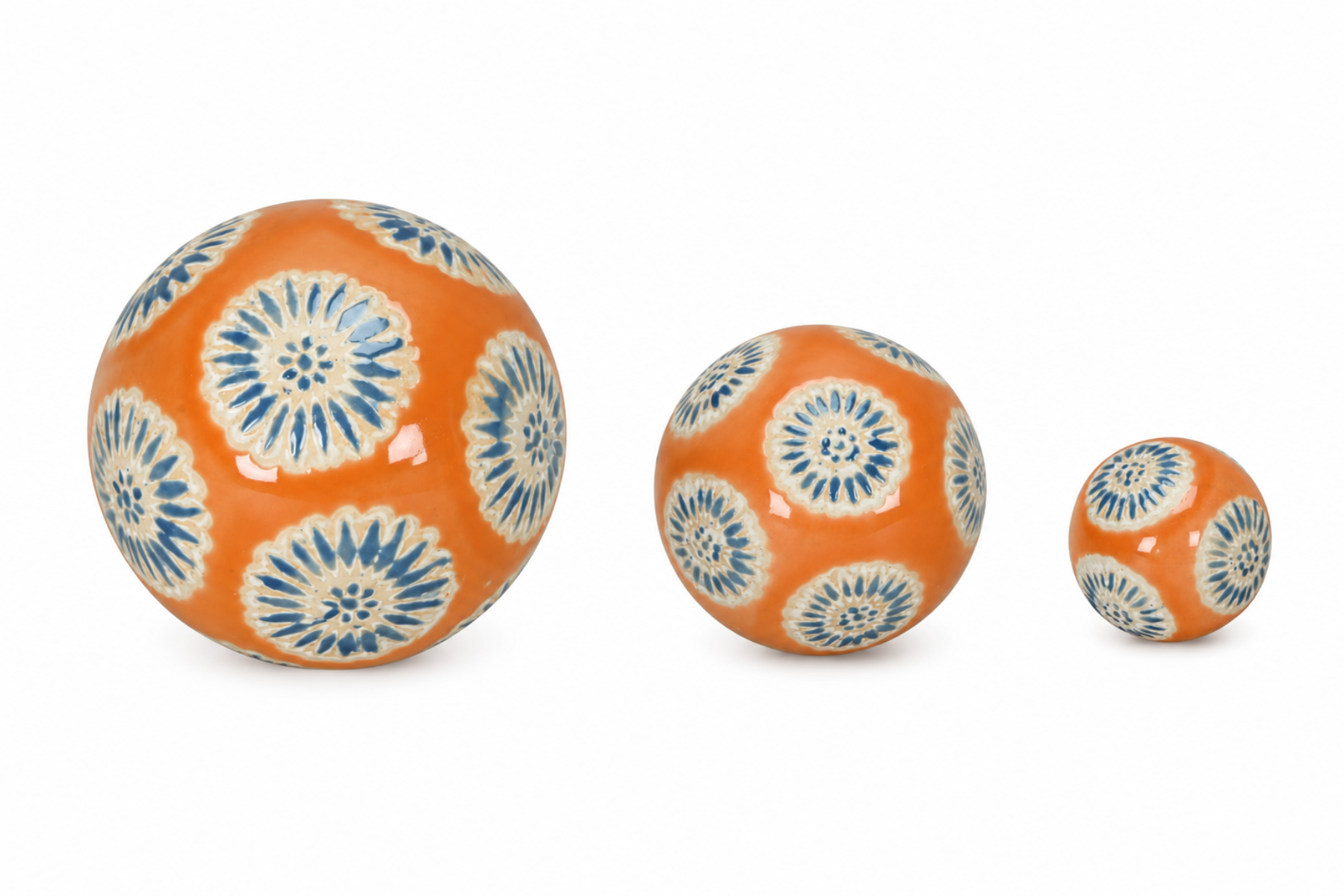 Schwimmkugel orange/blau Ø4cm/Ø6cm/Ø8cm Blüten Porzellan 3er Set Gartendekoration Schwimmende Deko Kugeln für Teich, Brunnen & Wasserschalen Elegante Garten Deko