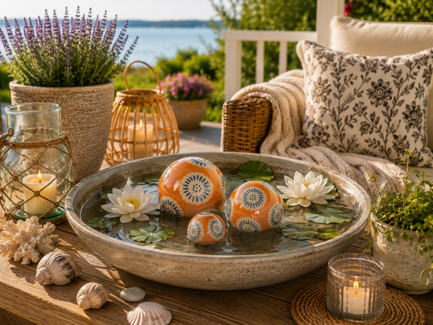 Schwimmkugel orange/blau Ø4cm/Ø6cm/Ø8cm Blüten Porzellan 3er Set Gartendekoration Schwimmende Deko Kugeln für Teich, Brunnen & Wasserschalen Elegante Garten Deko