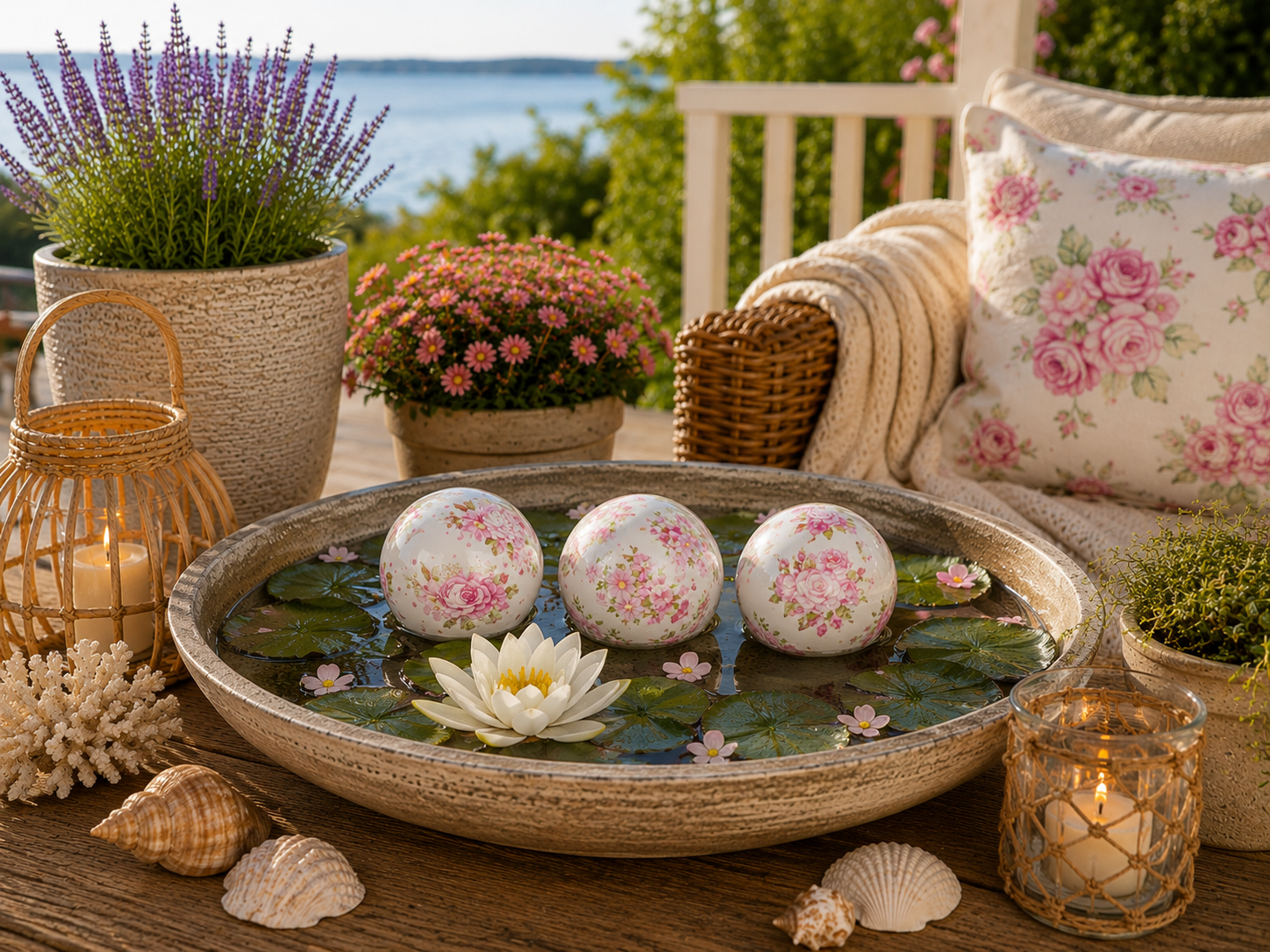 Schwimmkugel weiß/rosa Ø8cm/Ø10cm Blüten Porzellan 3er Set Gartendekoration Schwimmende Deko Kugeln für Teich, Brunnen & Wasserschalen Elegante Garten Deko 2Größen wählbar
