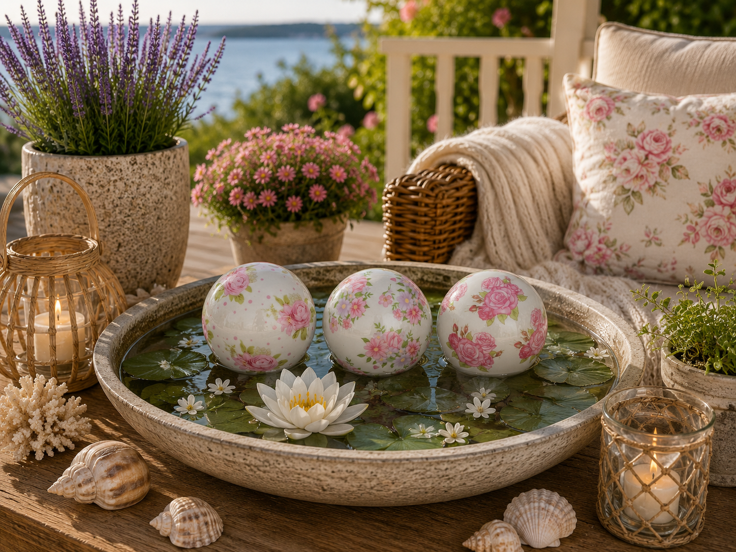 Schwimmkugel weiß/rosa Ø8cm/Ø10cm Blüten Porzellan 3er Set Gartendekoration Schwimmende Deko Kugeln für Teich, Brunnen & Wasserschalen Elegante Garten Deko 2Größen wählbar