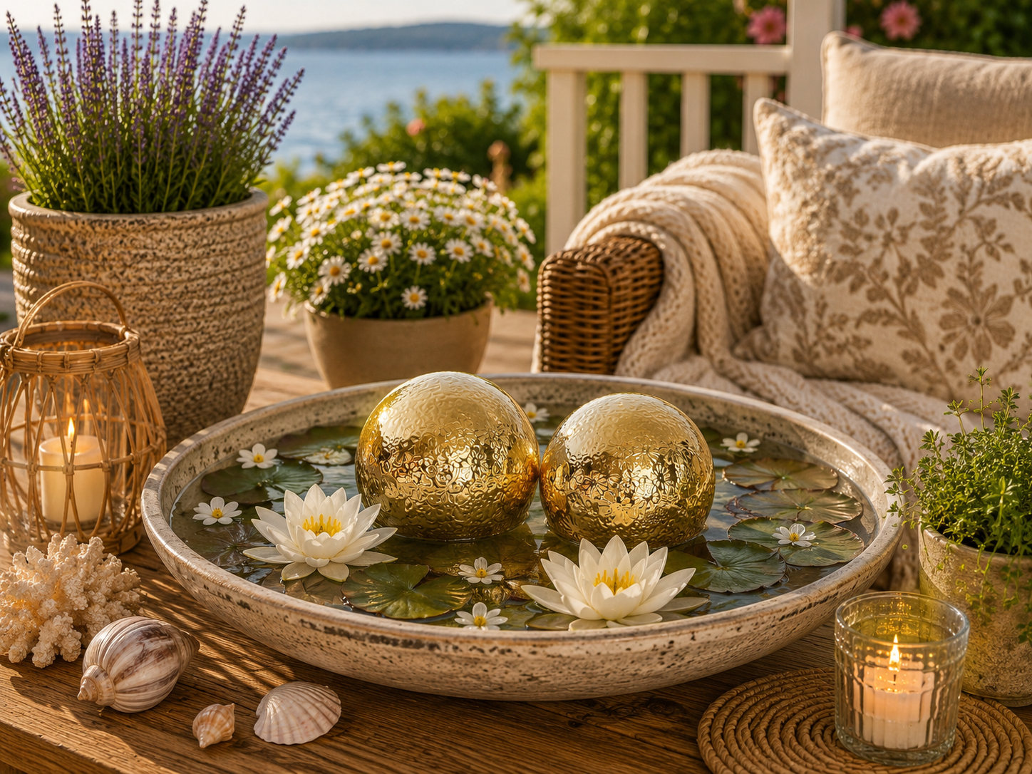 Schwimmkugel gold Ø8cm/Ø10cm Blüten Porzellan 2fach sort. Gartendekoration Schwimmende Deko Kugeln für Teich, Brunnen & Wasserschalen Elegante Garten Deko 2Größen wählbar