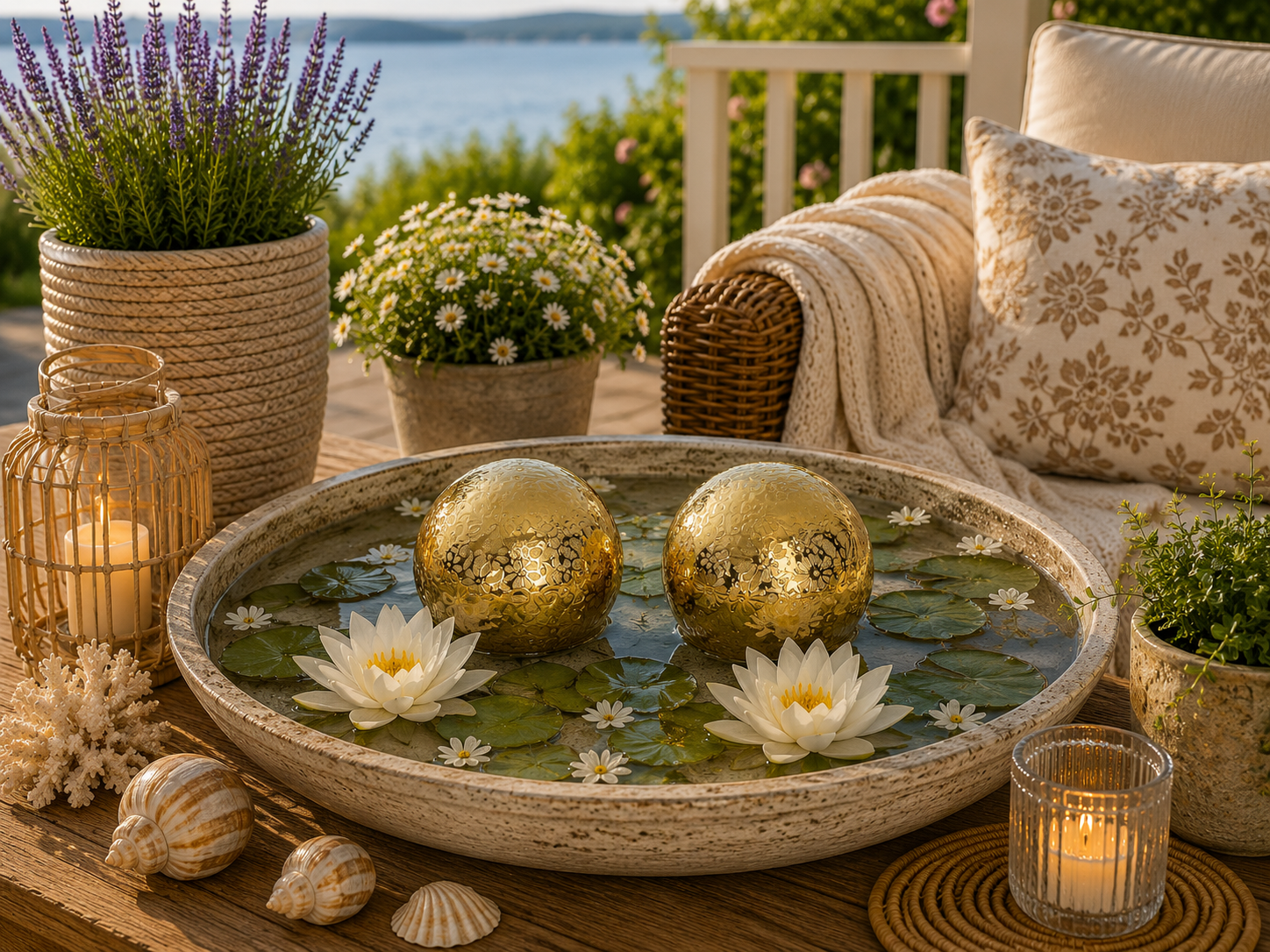 Schwimmkugel gold Ø8cm/Ø10cm Blüten Porzellan 2fach sort. Gartendekoration Schwimmende Deko Kugeln für Teich, Brunnen & Wasserschalen Elegante Garten Deko 2Größen wählbar