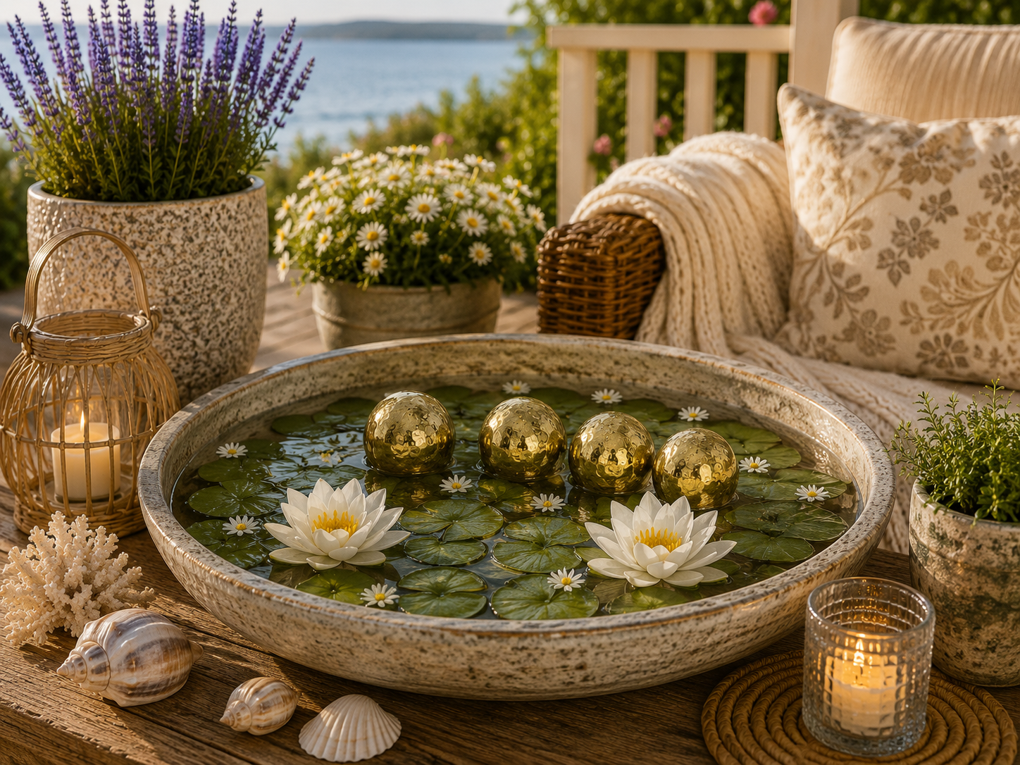 Schwimmkugel gold Ø4cm Blüten Porzellan 2fach sort. (4er Set) Gartendekoration Schwimmende Deko Kugeln für Teich, Brunnen & Wasserschalen Elegante Garten Deko