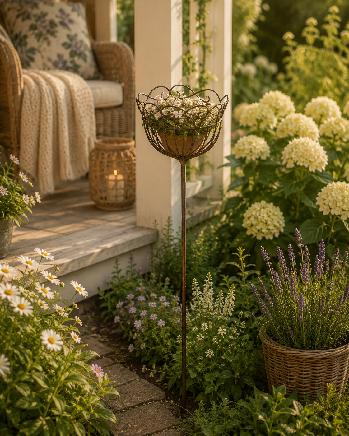 Korb am Stab Pflanzkorb Metall Ø25cm H109cm braun rostfarbend Pflanzschale Shabby Gartendeko Pflanztopf Rankstab