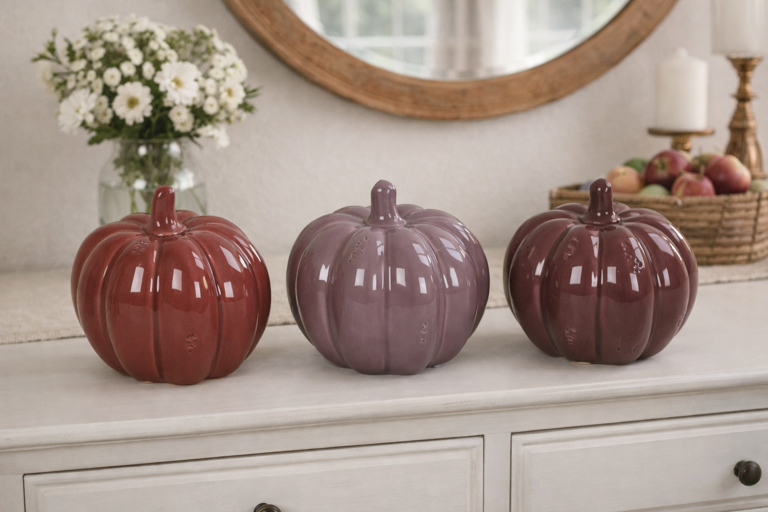 Kürbis 3farbig sort. Keramik Dolomit glänzend Herbstdeko Ø8+12cm H8+11cm Halloween 2Größen wählbar