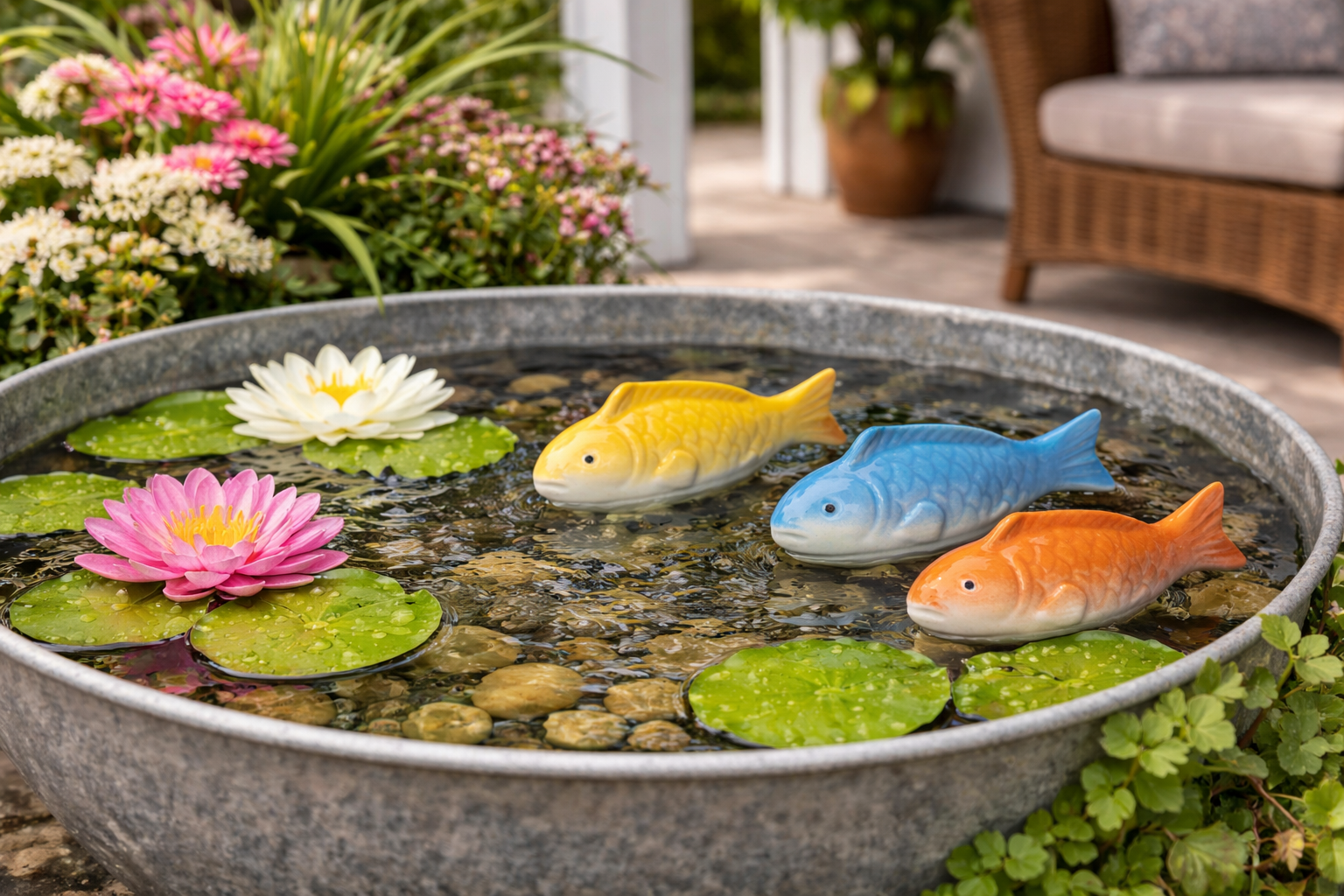 Schwimmfisch aus Porzellan –3 Farben sort.(Gelb, Blau, Orange) 11 x3cm H5cm/15x4cm H6cm Dekorative Schwimmfigur für Teich, Wasserschale & Gartendeko 2Größen wählbar