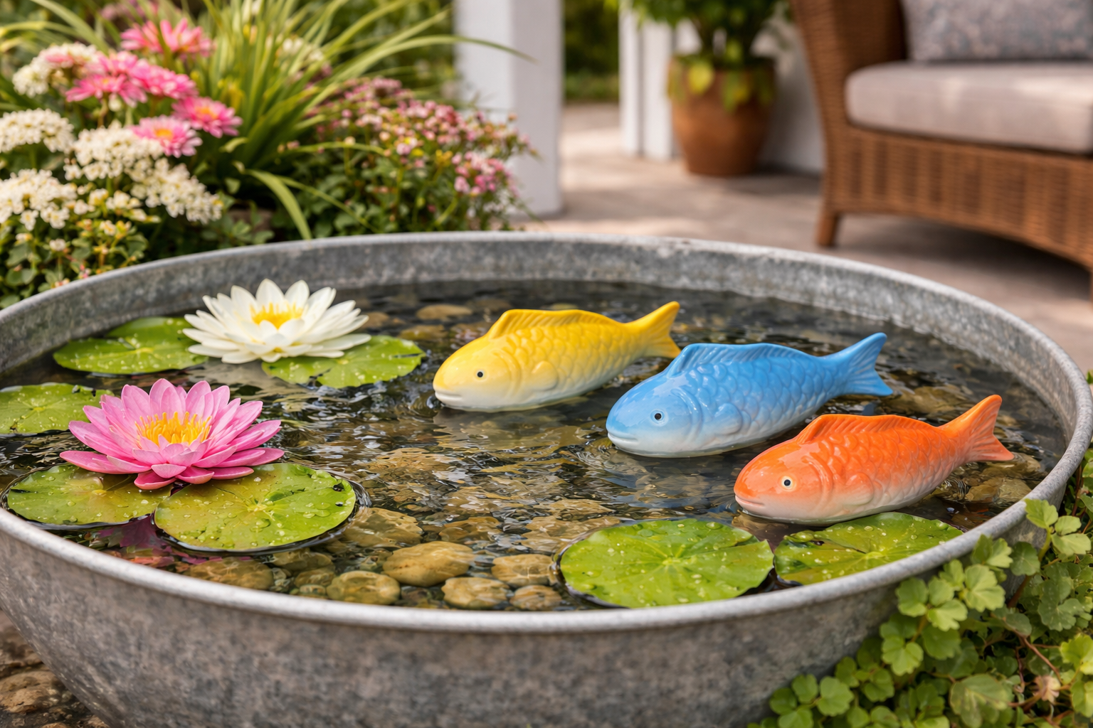 Schwimmfisch aus Porzellan –3 Farben sort.(Gelb, Blau, Orange) 11 x3cm H5cm/15x4cm H6cm Dekorative Schwimmfigur für Teich, Wasserschale & Gartendeko 2Größen wählbar