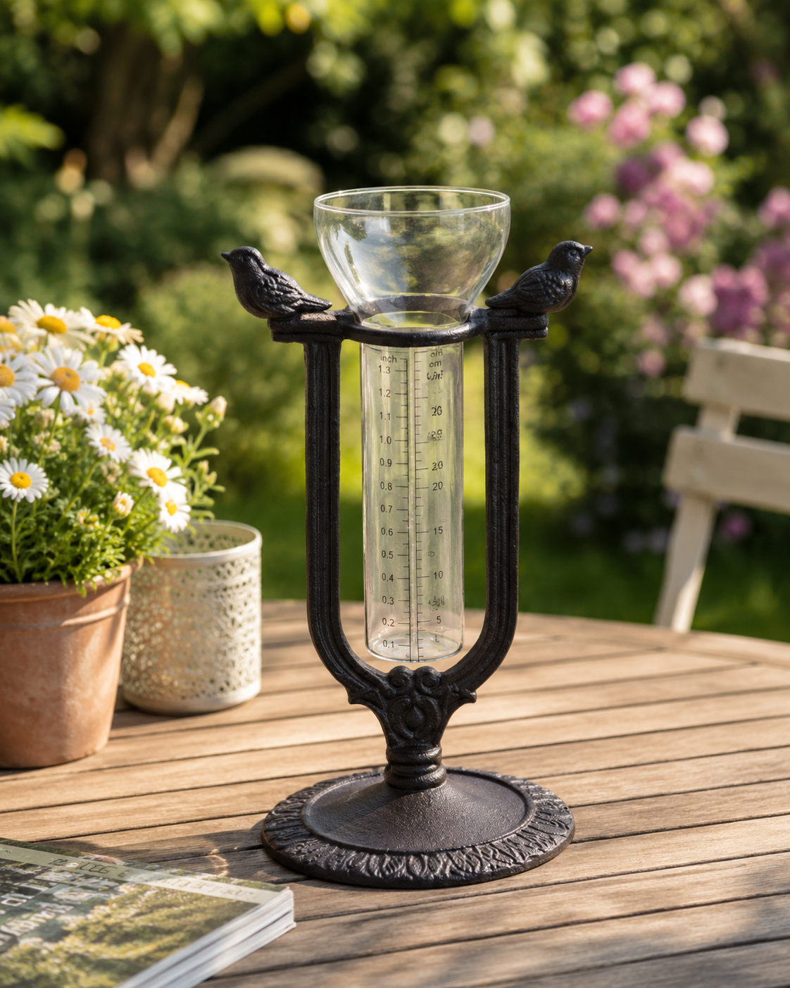 Regenmesser Vogel auf Fuß mit Glas Gusseisen schwarz/braun H27,5cm