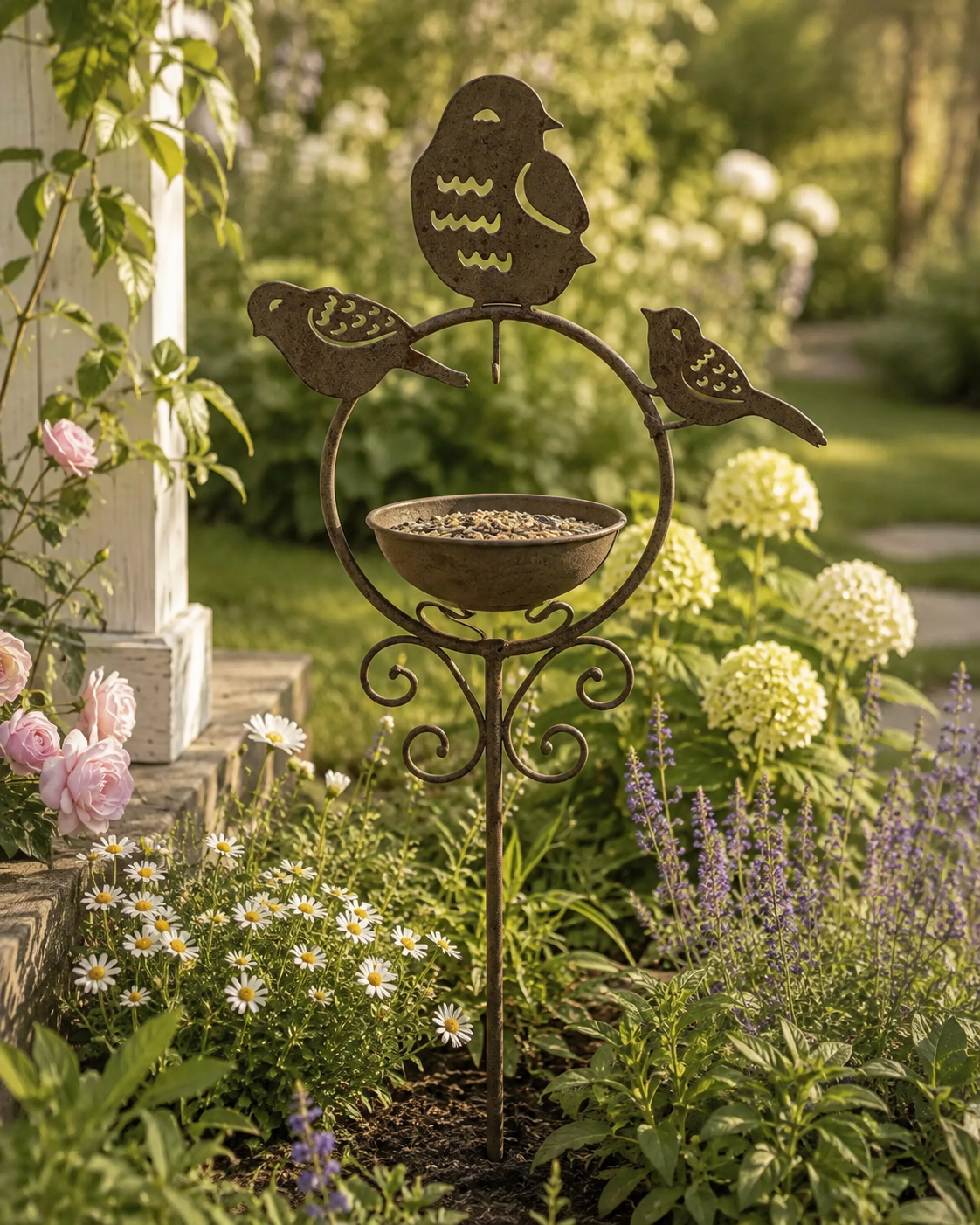 Futterplatz Vogeltränke Metall grau ArtFerro 37x14cm H128cm Gartenstecker Garten