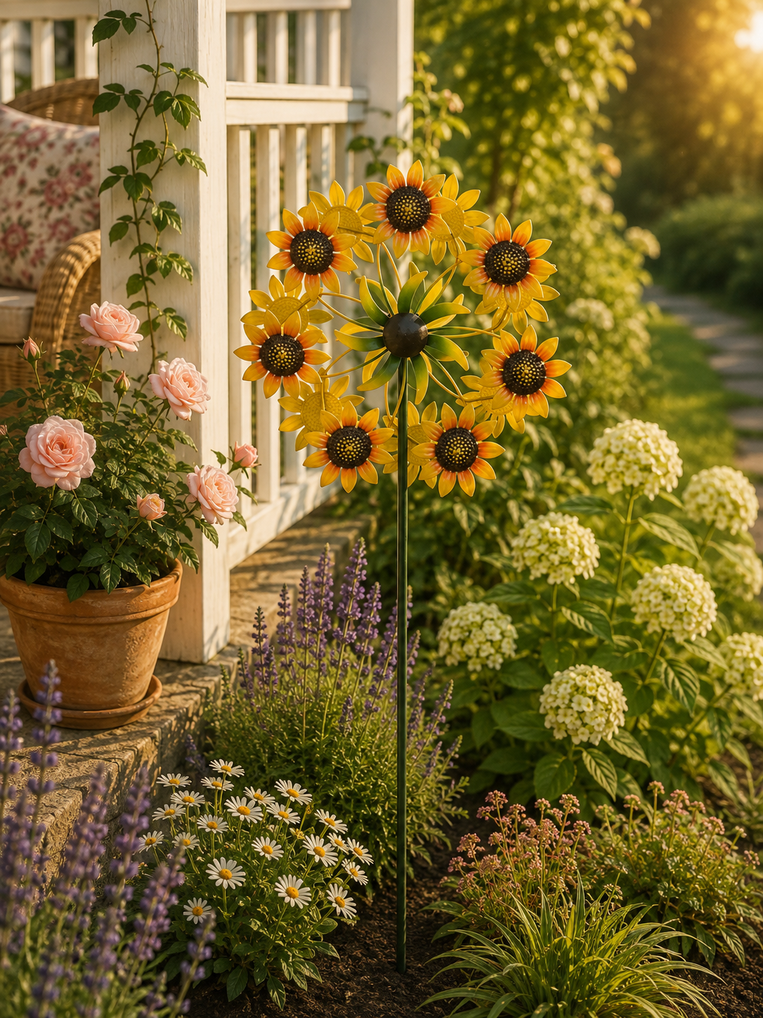 Gartenstecker Windrad Sonnenblume x7Blüten  Metall gelb/grün Ø34cm H125cm Garten Herbst Stecker