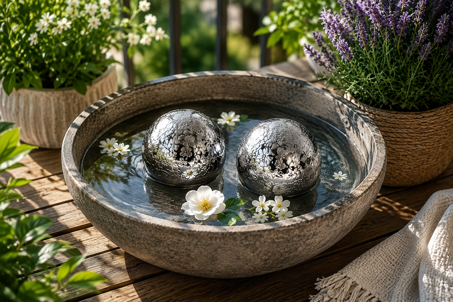 Schwimmkugel 2fach sort. silber Ø4cm/Ø6cm/Ø10cm Blüten Porzellan Gartendekoration Schwimmende Deko Kugeln für Teich, Brunnen & Wasserschalen Elegante Garten Deko 3Größen wählbar