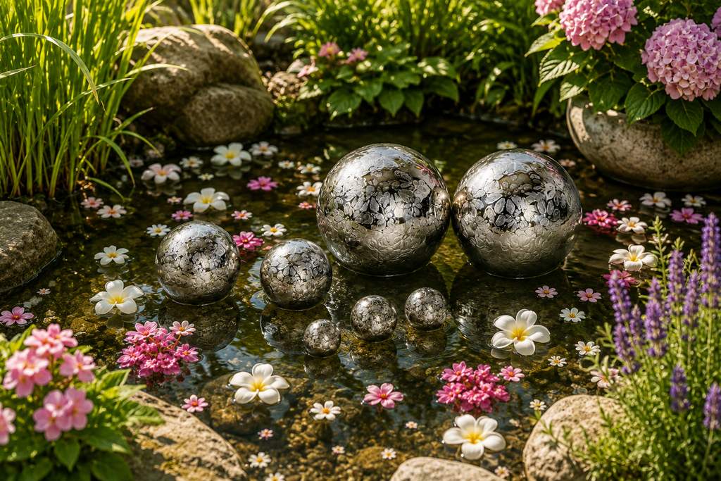 Schwimmkugel 2fach sort. silber Ø4cm/Ø6cm/Ø10cm Blüten Porzellan Gartendekoration Schwimmende Deko Kugeln für Teich, Brunnen & Wasserschalen Elegante Garten Deko 3Größen wählbar