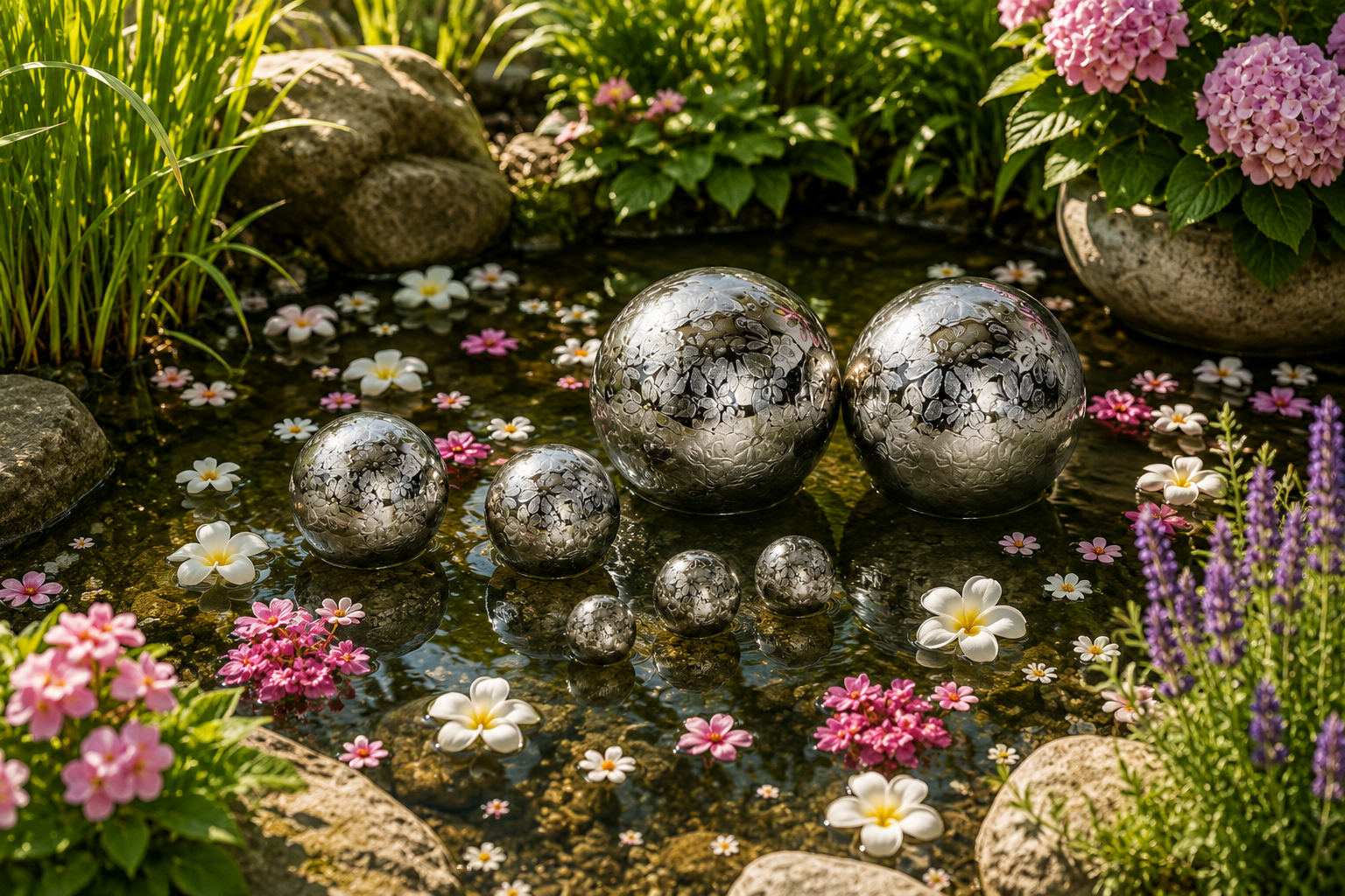 Schwimmkugel 2fach sort. silber Ø4cm/Ø6cm/Ø10cm Blüten Porzellan Gartendekoration Schwimmende Deko Kugeln für Teich, Brunnen & Wasserschalen Elegante Garten Deko 3Größen wählbar