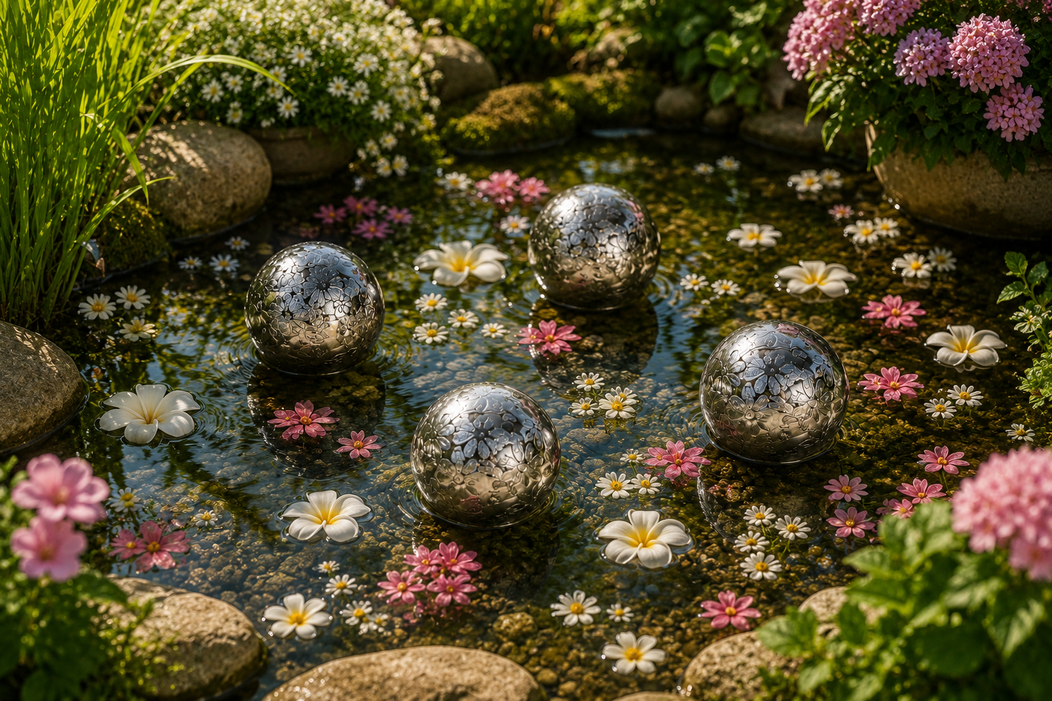 Schwimmkugel 2fach sort. silber Ø4cm/Ø6cm/Ø10cm Blüten Porzellan Gartendekoration Schwimmende Deko Kugeln für Teich, Brunnen & Wasserschalen Elegante Garten Deko 3Größen wählbar