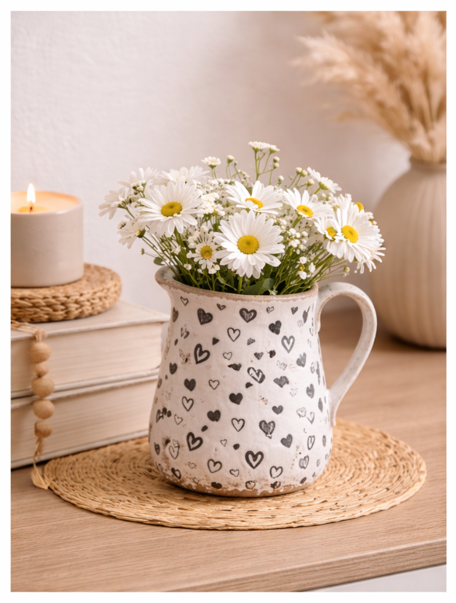 Vase & Dekokanne Herzen Krug Weiß-Schwarz aus Steinzeug 17x12xH18 cm & 21x14xH23 cm Romantische Blumenvase im modernen Design 2Größen wählbar