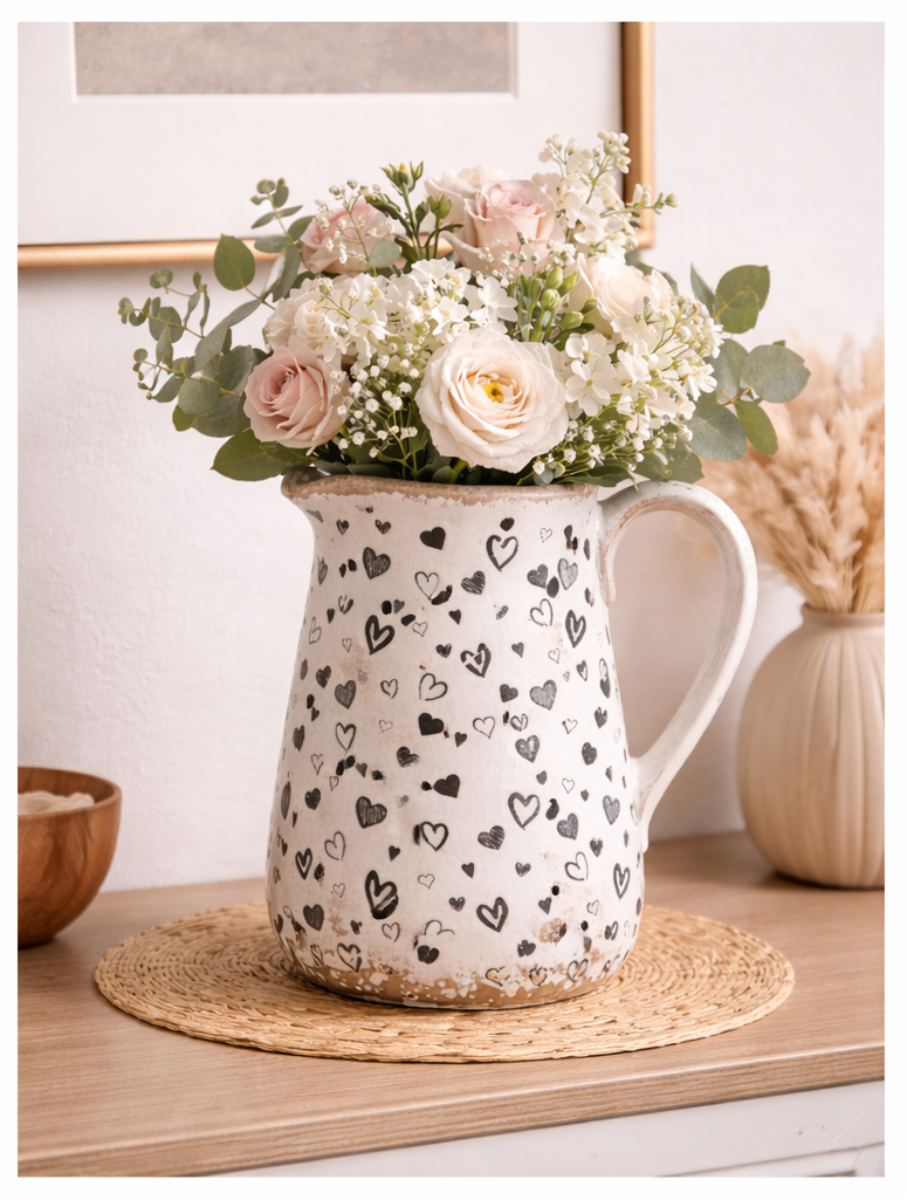 Vase & Dekokanne Herzen Krug Weiß-Schwarz aus Steinzeug 17x12xH18 cm & 21x14xH23 cm Romantische Blumenvase im modernen Design 2Größen wählbar