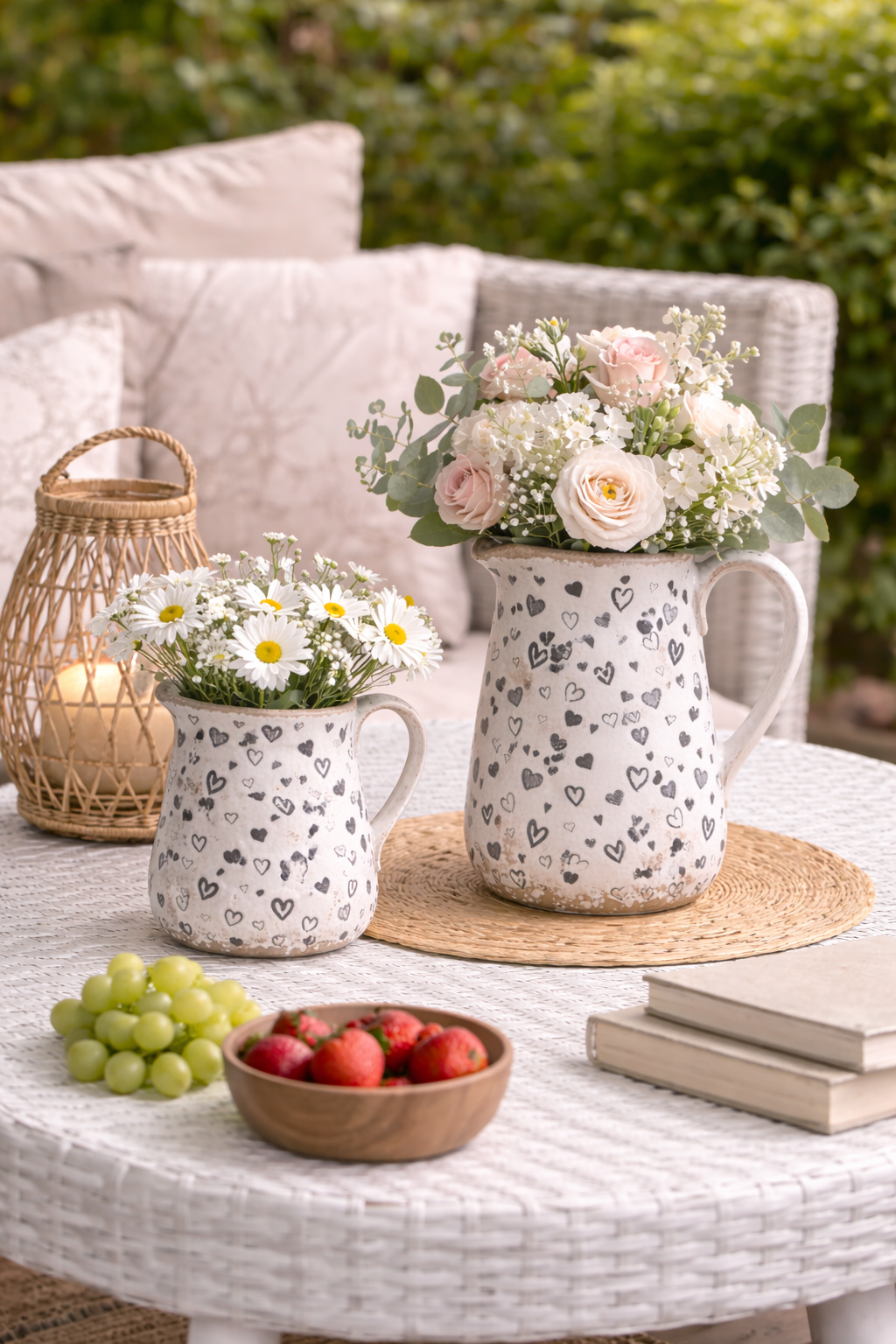 Vase & Dekokanne Herzen Krug Weiß-Schwarz aus Steinzeug 17x12xH18 cm & 21x14xH23 cm Romantische Blumenvase im modernen Design 2Größen wählbar