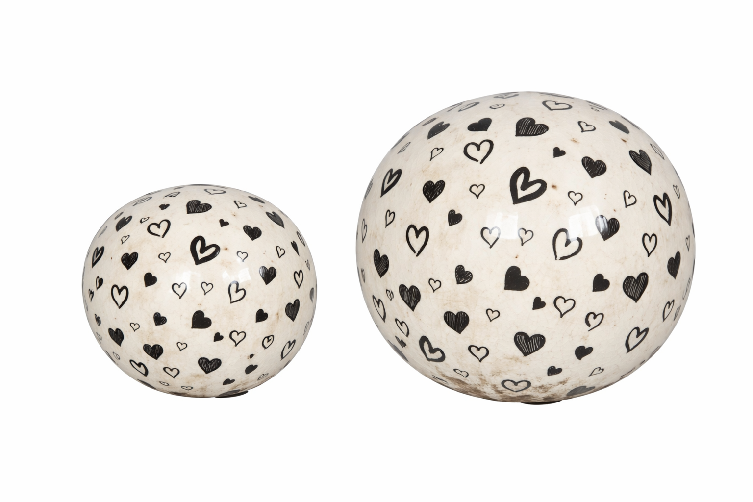 Deko Kugel Herzen Weiß-Schwarz aus Steinzeug 2er Set Ø 9 cm & Ø 12 cm Moderne Dekokugel im romantischen Design