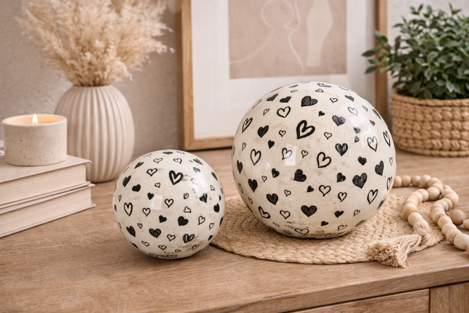 Deko Kugel Herzen Weiß-Schwarz aus Steinzeug 2er Set Ø 9 cm & Ø 12 cm Moderne Dekokugel im romantischen Design