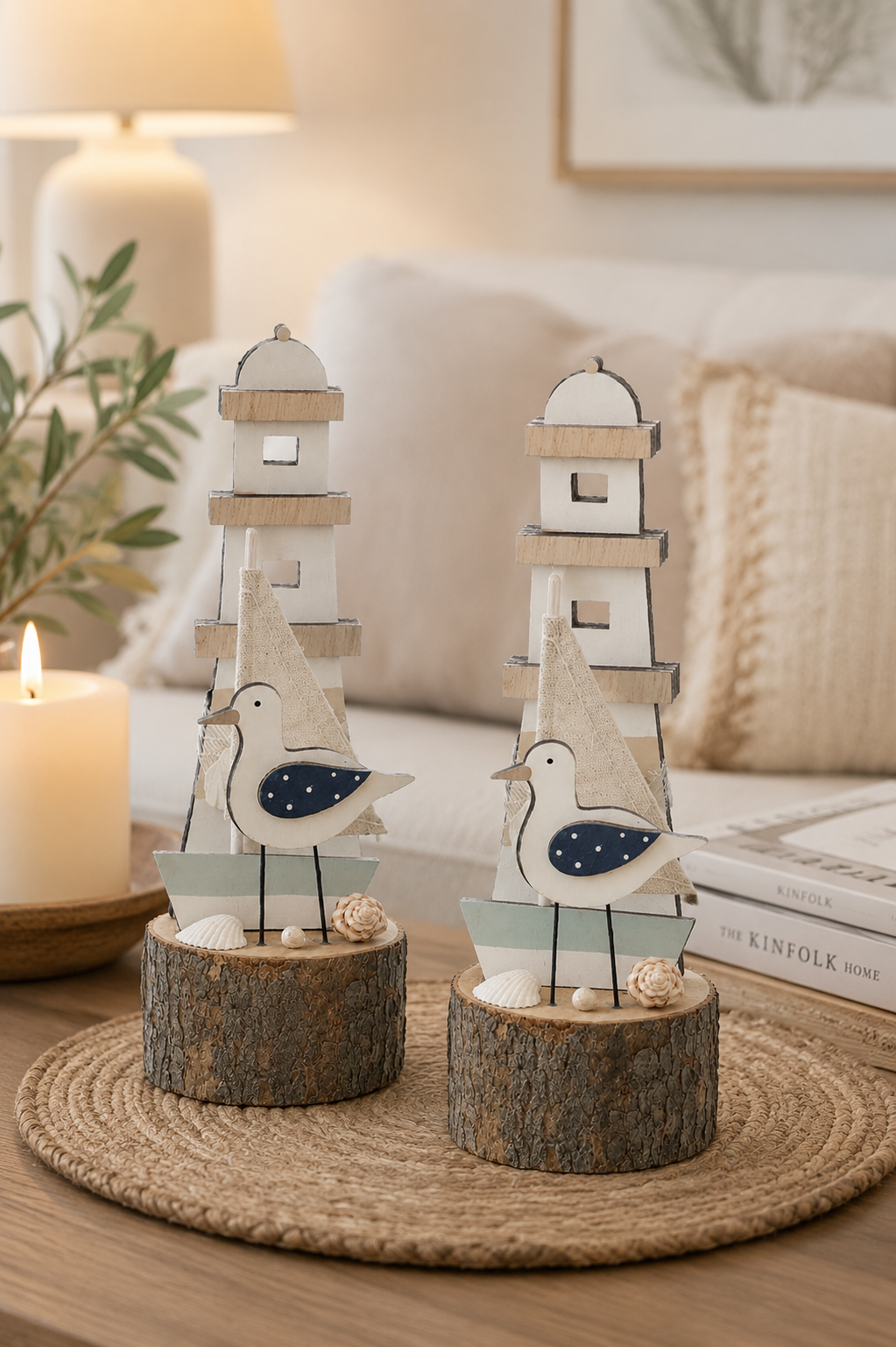 Maritim Deko Leuchtturm Möwe 2er Set Stamm Shabby Meer See Küste Lighthouse H20cm