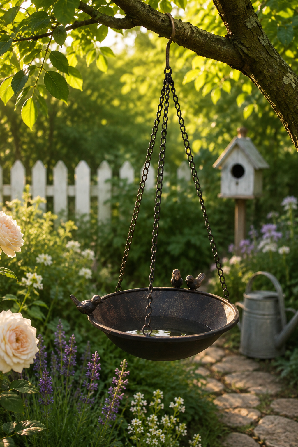 Vogelbad VogelFutter Hänger aus Metall ArtFerro Dekorativer Futterspender & Vogeltränke zum Aufhängen Garten-Dekoration mit Vogelmotiv 28x28cm L63 cm